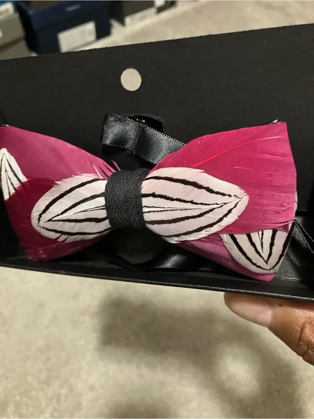 Pink Feather Bow Tie with Black Center
